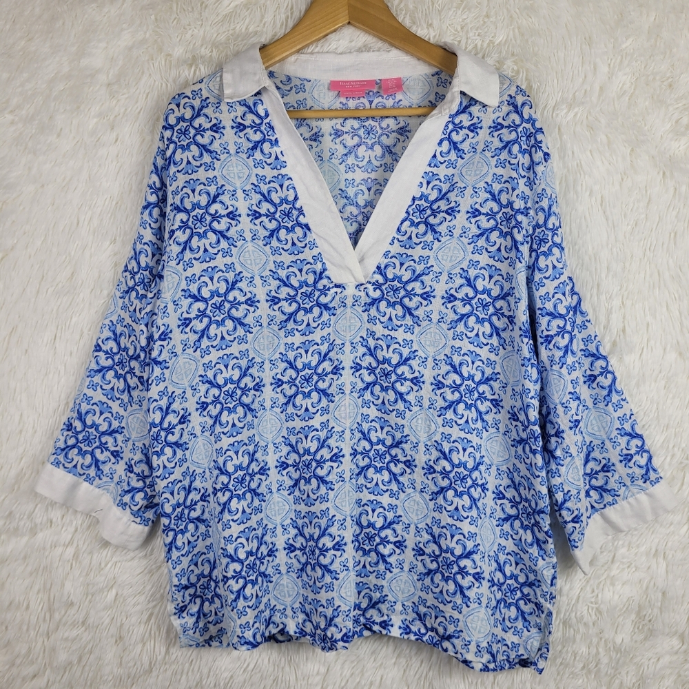 Isaac‎ Mizrah 100% Linen Blue Artsy Tunic Top XL Beachy Boho Johnny Collar
